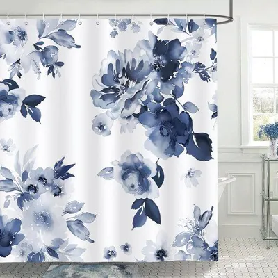 Productafbeelding van Unyqoos® Douchegordijn 180 x 180 cm – Bloemen en aquarelmotieven in blauwtinten, 100% polyester, waterdicht en schimmelwerend, inclusief 12 haken