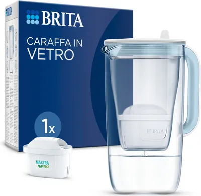 A Brita water filter pitcher and its packaging, including a filter cartridge.
