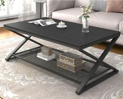 Image de LVB Table basse noire à 2 niveaux, table à thé rectangulaire en bois