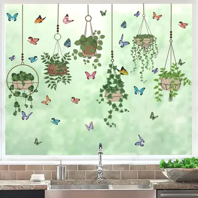 Produktbild von Wandsticker mit grünen Pflanzen und Schmetterlingen, selbstklebend für Fenster und Wände