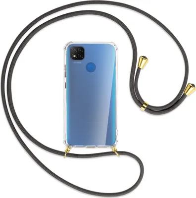Produktbild von Handykette Backcover-Schutzhülle mit Band (Metall goldfarben) für Xiaomi Redmi 9C - dunkelgrau