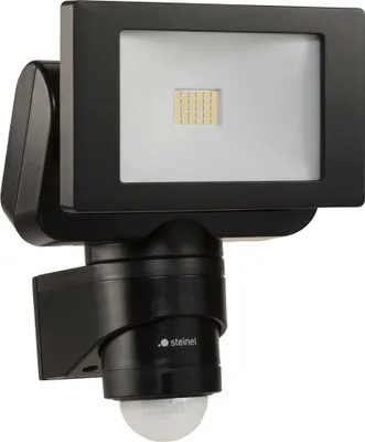 A black LED floodlight with a motion sensor.