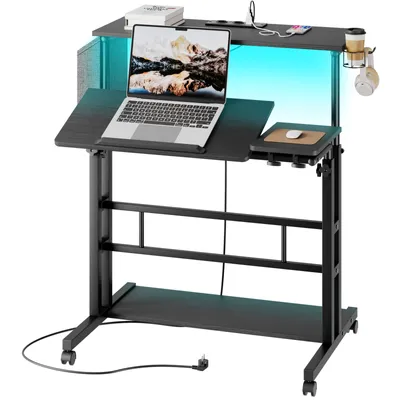 Produktbild von Iropro 80x60cm Stehpult Höhenverstellbar mit Steckdosen und LED-Beleuchtung, Sitz-Steh Schreibtisch mit Rollen, neigbar Tischplatte, Schwarz
