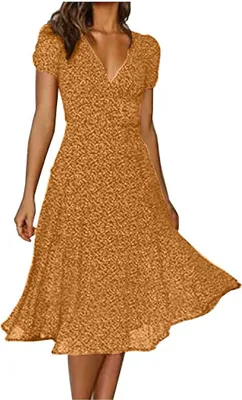 Produktbild von ASKSA Sommerkleider Damen Kurzarm Lässig V-Ausschnitt Blumendruck A-Linie Kleid Midikleid Freizeitkleid Strandkleider, Orange, L
