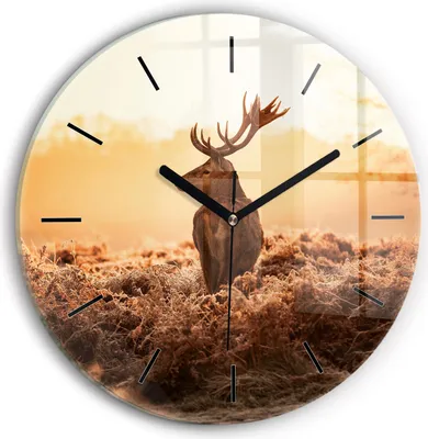Produktbild von Wallfluent Wanduhr – Stilles Quarzuhrwerk - Uhr Dekoration Wohnzimmer Schlafzimmer Küche - Zifferblatt mit Striche - schwarze Zeiger - 30 cm - Hirsche bei Sonnenaufgang