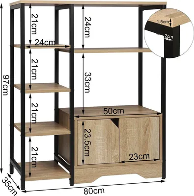 Obrázok produktu pre Knižnica – 5 políc – s skrinkou – vyrobená z MDF a kovu – farba svetlého dubu – rozmer 80x35x97 cm