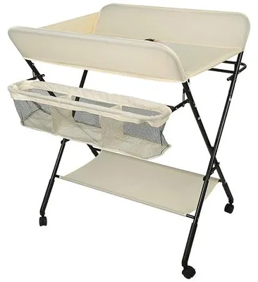 Productafbeelding van Inklapbare commode voor het verschonen van baby's, met veiligheidsgordel en opbergvakken. Mobiele verschoningstafel, draagbare verschoningstafel, babybed met verschoningstafel, ruimtebesparend en stabiel (80*66*98cm - beige)