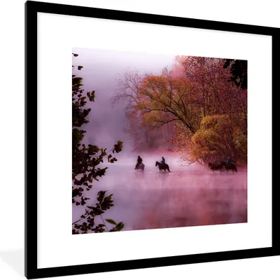 Produktbild von MuchoWow® Gerahmtes Poster Pferde - Nebel - Wald 40x40 cm - Poster mit Schwarzem Bilderrahmen Wandposter Rahmen Foto Bilder - Poster - Plakat im Rahmen