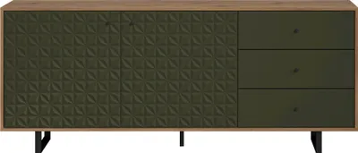 A dark green sideboard with a textured front and three drawers, placed against a white background.