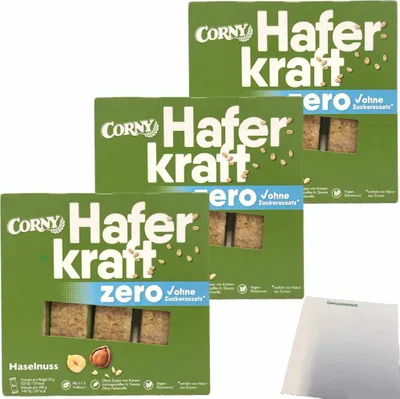 Produktbild von Corny Haferkraft Zero Haselnuss 3er Pack (12x35g Riegel) + usy Block