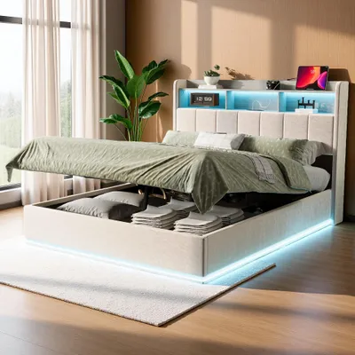 Obrázok produktu pre INONEFT čalúnená posteľ 160x200 cm, posteľ s pružinovou základňou a úložným priestorom s hydraulickým systémom, posteľ pre mládež s LED osvetlením a USB portami, poťah z velúru, farba: béžová
