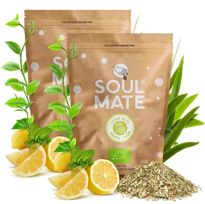 Produktbild von Soul Mate - Mate Tee Menta Limon 1kg - Mit Minze, Zitrone - Rauchfrei, Mild - Luftgetrocknet - Yerba Mate Brasilien 2x500g
