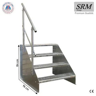 Produktbild von 4 Stufen Standtreppe Modell 1 freistehend verzinkt Treppe Stahltreppe Breite 110 cm Höhe 84 cm mit einseitigem Geländer