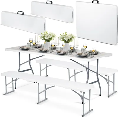 Immagine prodotto di Set da giardino pieghevole, tavolo + 2 panche, 180 cm, bianco | Plonos