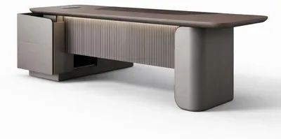 Zdjęcie produktu dla Nowoczesne biurko dla szefa, charakteryzujące się elegancką drewnianą powierzchnią i stylowym designem