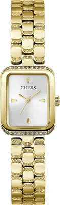 A gold Guess women's watch with a white face, set against a white background.