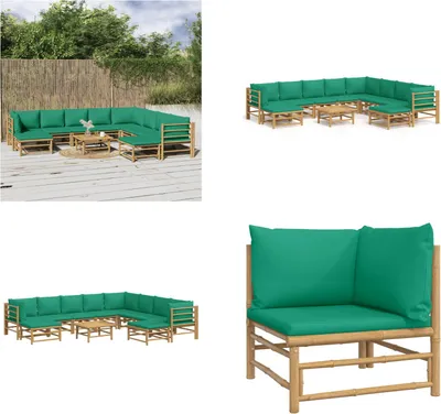 Produktbild von vidaXL 11 tlg. Garten Lounge Set mit Grünen Kissen Bambus - Garten Lounge Set - Garten Lounge Sets - Lounge Set - Gartenmöbel Set