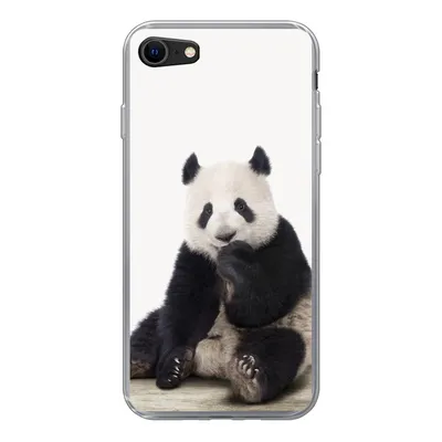 A clear product shot of an iPhone case with a panda design on a white background.