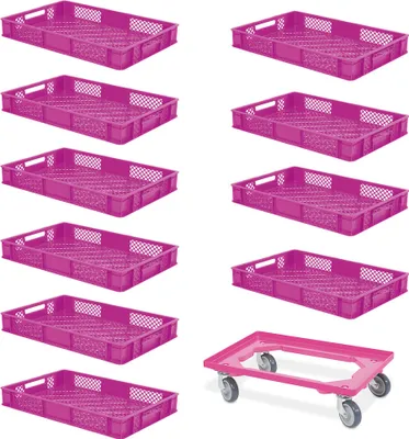 Produktbild von 10x Eurobehälter, LxBxH 600x400x90 mm, lebensmittelecht + 1 Transportroller, pink
