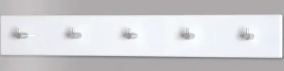 A white coat rack with five silver hooks mounted on a light gray background.