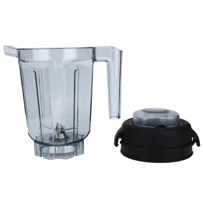A transparent blender jar and its lid are displayed against a white background.