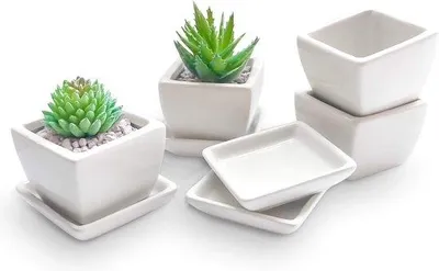 Image de Pots de fleurs en céramique avec soucoupe - Plantes décoratives - Lot de 4 - Blanc - Céramique