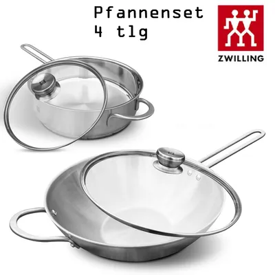 Produktbild von Zwilling Twin Nova Pfannenset Induktion mit Deckel 4Tlg Edelstahl unbeschichtet, Wokpfanne mit Deckel 30cm + Schmorpfanne mit Deckel 24cm, Pfannen Set