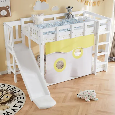 Image de okwish Lit superposé 90x200cm avec rideau, lit pour enfants avec protection intégrée, blanc (sans matelas)