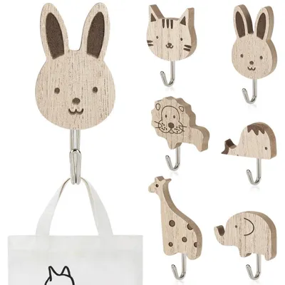 6er Set selbstklebende Tier-Wandhaken aus Holz für Kinderzimmer