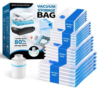 Produktbild von Vakuumbeutel Kleidung Vakuumtüten Kleiderbeutel - 20 Stück - 4 Größen - Mit Handpumpe