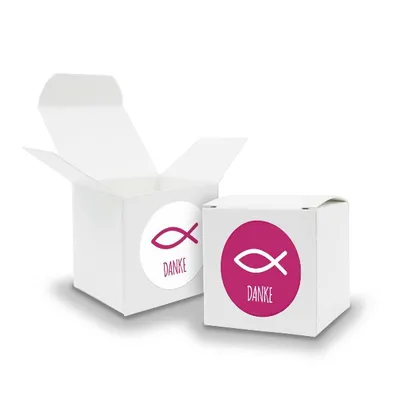 Produktbild von SET Fisch DANKE (Motiv34) 24x Faltschachtel Würfel 6,5cm weiß  + Sticker
