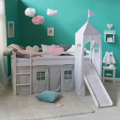Produktbild von Homestyle4u Hochbett 90x200 Kinder Weiß ohne Lattenrost mit Rutsche Spielbett Turm Sternen Vorhang