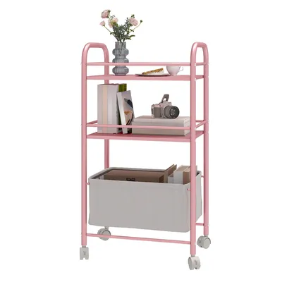 Produktbild von Rollwagen Metallwagen Regalwagen Aufbewahrungswagen, 3-stöckiger Küchenwagen, für Büro, Wohnzimmer, Küche, Rosa