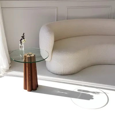Zdjęcie produktu dla Skye Decor, Thales - Walnut, przezroczysty, stolik kawowy, 100% szkło hartowane, orzech, 50 x 50 x 50 cm