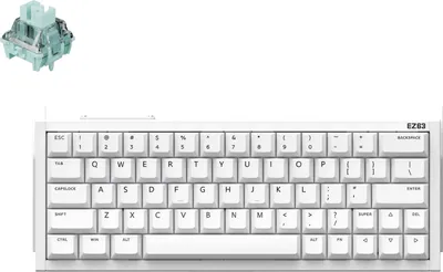 A white gaming keyboard and a single keyboard switch are displayed against a white background.
