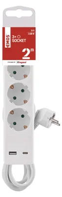 Steckdosenleiste 2 m / 3 Steckdosen / Schalter / weiß / 1× USB-A + 1× USB-C / 1,5 mm2