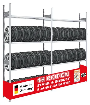 Produktbild von Reifenregal TIRE PRO  Germany | Komplettregal | HxBxT 250x300x43cm | 150kg Fachlast | bis zu 48 Reifen auf 4 Ebenen | Verzinkt