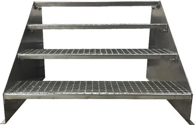 A freestanding metal staircase with four steps.