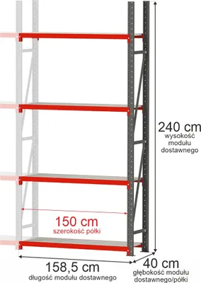 Zdjęcie produktu dla Regał metalowy magazynowy warsztatowy 4-półkowy Mega-M FORTIS 158,5x40x240cm moduł dostawny