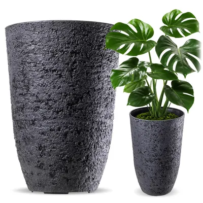 Produktbild von KADAX Pflanzkübel Ø 35 x H 50 cm, großer Blumentopf in realistischer Steinoptik, Pflanzentopf aus Kunststoff, wetterfester Blumenkübel für Garten, Balkon, Terrasse (Schwarz)