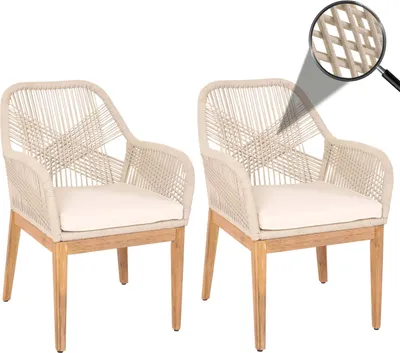 Produktbild von 2er-Set Gartenstuhl HWC-H56b, Sessel Outdoor, wetterfest Seilgeflecht Rope Holz Akazie  beige Kissen creme-weiß