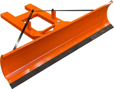 An orange snow plow attachment for a forklift, shown against a white background.