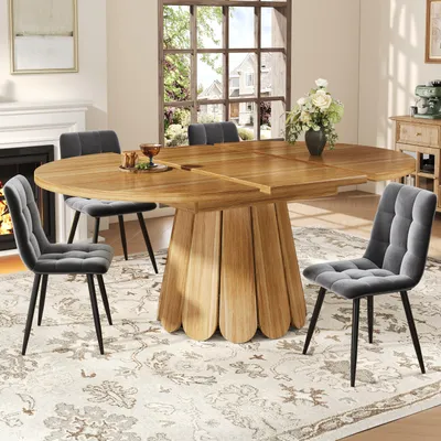 Produktbild von MODFU ovaler Küchentisch Esszimmertisch mit Holzlatten und Metallfuß,Beistelltisch mit ausziehbarem Tischplattendesign,für bis zu 6 Personen, braun