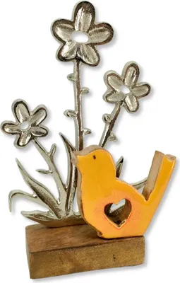 Produktbild von Holz und Metall Vogel orange mit Blumen 14 x 23cm Tisch-Deko Wohndekoration Aufstelldeko Vögelchen Blümchen