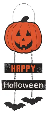 Produktbild von Happy Halloween Hängeschild mit Kürbis & Fledermäusen 30cm