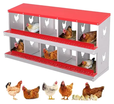Image de Nids pour poules - Nichoirs - 10 compartiments - Acier inoxydable - Fixation murale ou pose au sol - Rouge