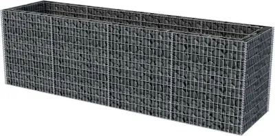A rectangular gabion planter filled with stones, shown from a slightly elevated angle against a white background.