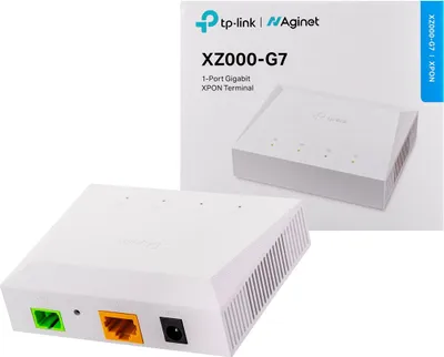 A white TP-Link XPON terminal is shown in the foreground, with its packaging in the background.