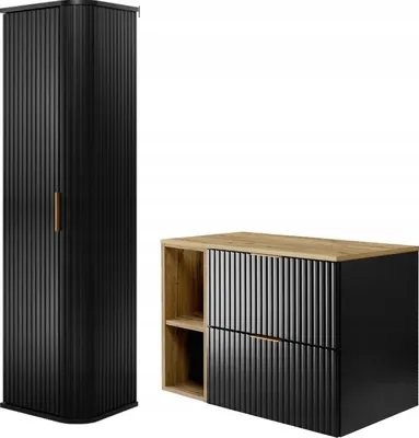 Obrázok produktu pre RODAN | Kúpeľňová Zostava Nábytku - Čierny Matný - 80/57/46 cm & 35/139/31 cm - Kúpeľňová Skrinka - Vysoká Skrinka - Skrinka pod Umyvadlo - Polička