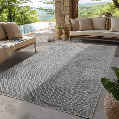 Produktbild von Indoor Outdoor Teppich Modern Boho Design, Ideal für Küche, Balkon, Terrasse, Wohnzimmer und Esszimmer, Größe: 120 x 170 cm, Farbe: Grau-2